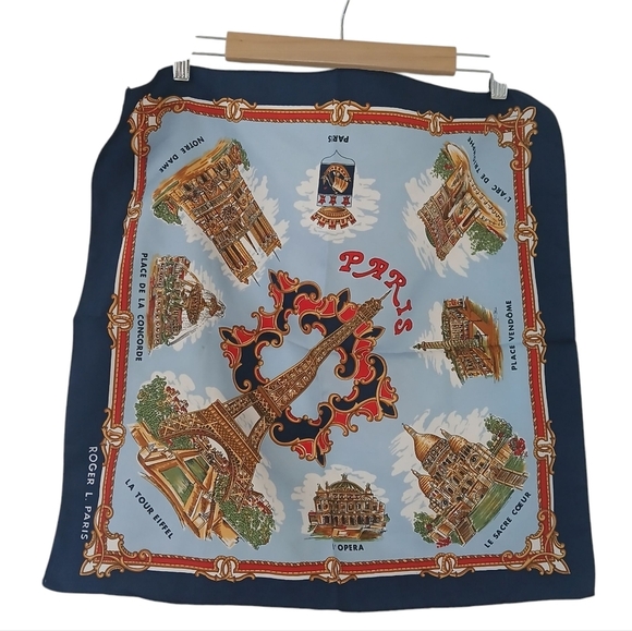 Paris Themed Silk Scarf Roger L. Paris Elegant Souvenir Paris Landmarks 20 x 20 - Picture 10 of 12